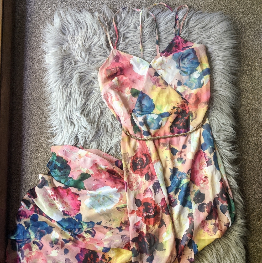 WAREHOUSE Floral Maxi Dress w/Gold Belt sz XS UK 6
